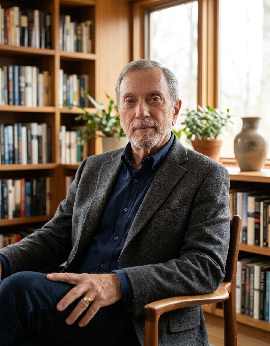 Man seated in a cozy library setting, wearing a gray blazer and blue shirt, surrounded by bookshelves and plants, reflecting Ernie Bilodeau's expertise in operations and AI workflows.