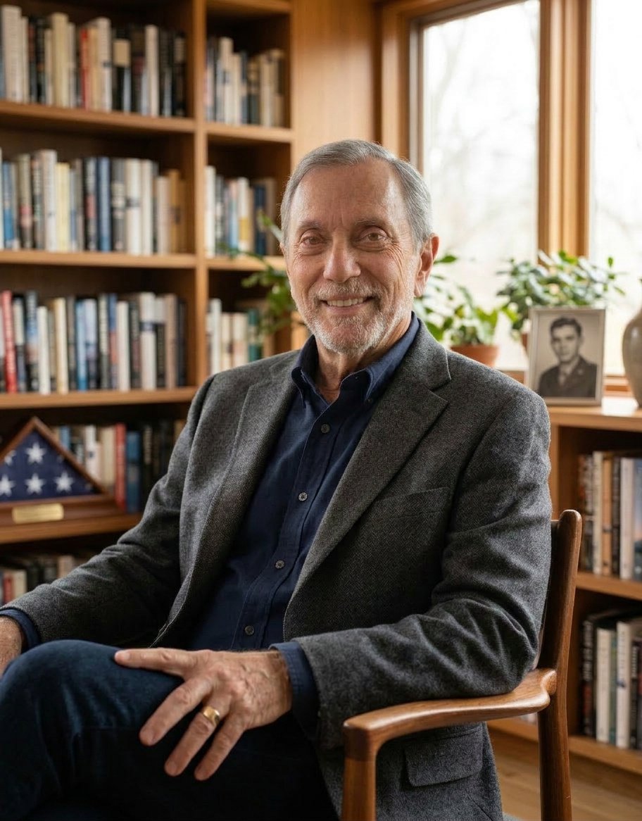 Man sitting in a cozy library setting, wearing a gray blazer, with bookshelves and plants in the background, symbolizing knowledge and professionalism in a local service business context.